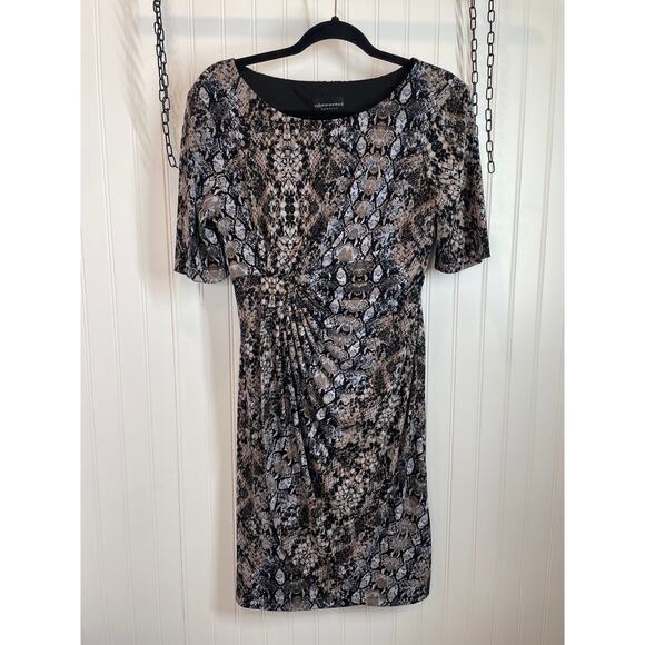 Connected Ruched Mini Sheath Dress Black & Tan Animal Snakeskin Python Size 4P - Picture 2 of 9